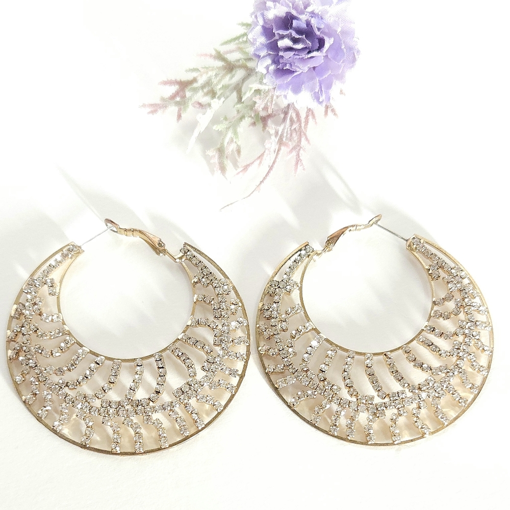 Gold Tone Crystal Hoop Earrings Large Crystal Statement Hoop Earrings